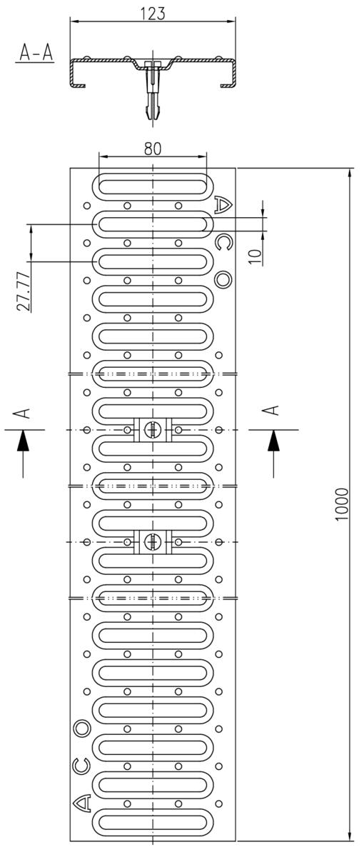 00000276 Esquema técnico de la reja para canal PROFILINE/ROOFLINE, reja pasarela en acero galvanizado de dimensiones L1000 A130 H20 sin sistema de fijación, clase de carga peatonal.
