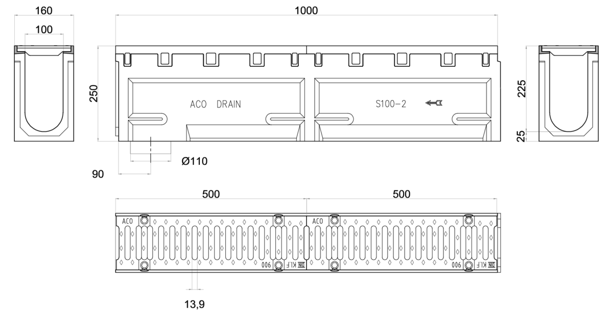 00001252 Esquema técnico do conjunto de canal S100 L1000 H250 em betão polímero com pré-marca para saída vertical DN/OD 110 e grelha passarela em fundição F900 com sistema de fixação por parafusos