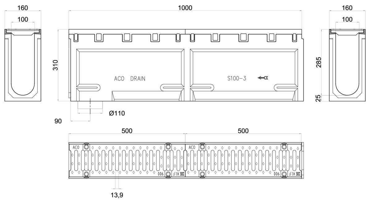 00001253 Esquema técnico del conjunto de canal S100 L1000 H310 en hormigon polímero con premarca para salida vertical DN/OD 110 y reja pasarela en fundición F900 con sistema de fijación por tornillos