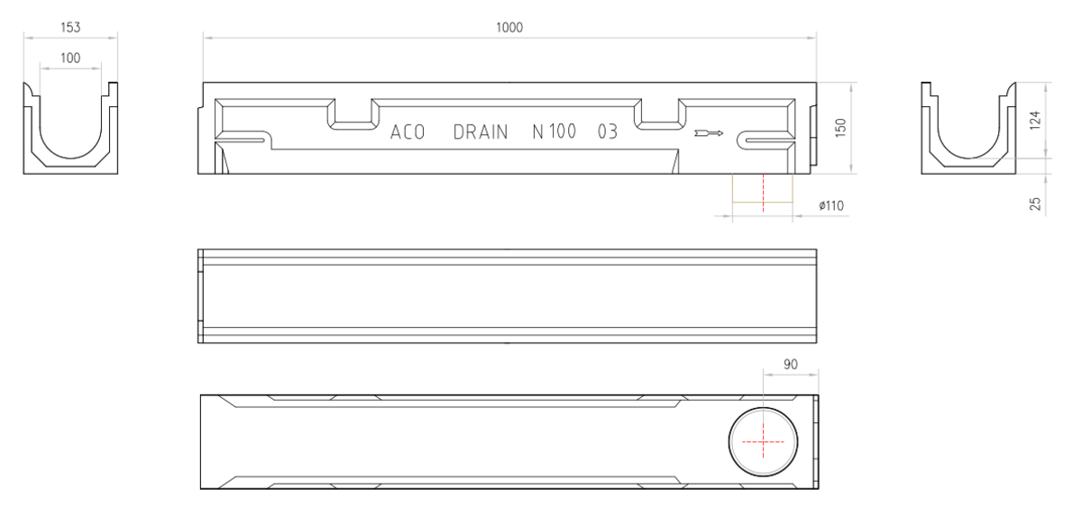 00001659 Esquema técnico do canal N 100 L1000 H149 em betão polímero com pré-marca para saída vertical DN/OD 110 com sistema de fixação por clavilha sem grelha