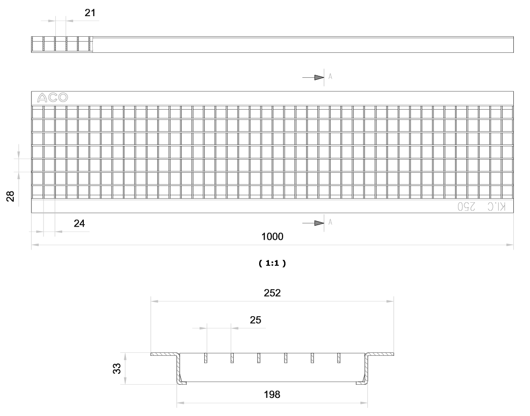 00002907 Esquema técnico da grelha para canal N 200, grelha entramada 30x30 em aço galvanizado da dimensões L1000 A252 H33 com sistema de fixação com clavilha, classe de carga C250.
