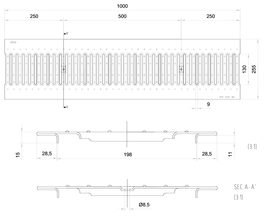 00002908 Esquema técnico da grelha para canal N 200, grelha passarela 130x9 em aço galvanizado da dimensões L1000 A255 H15 com sistema de fixação com clavilha, classe de carga A15.
