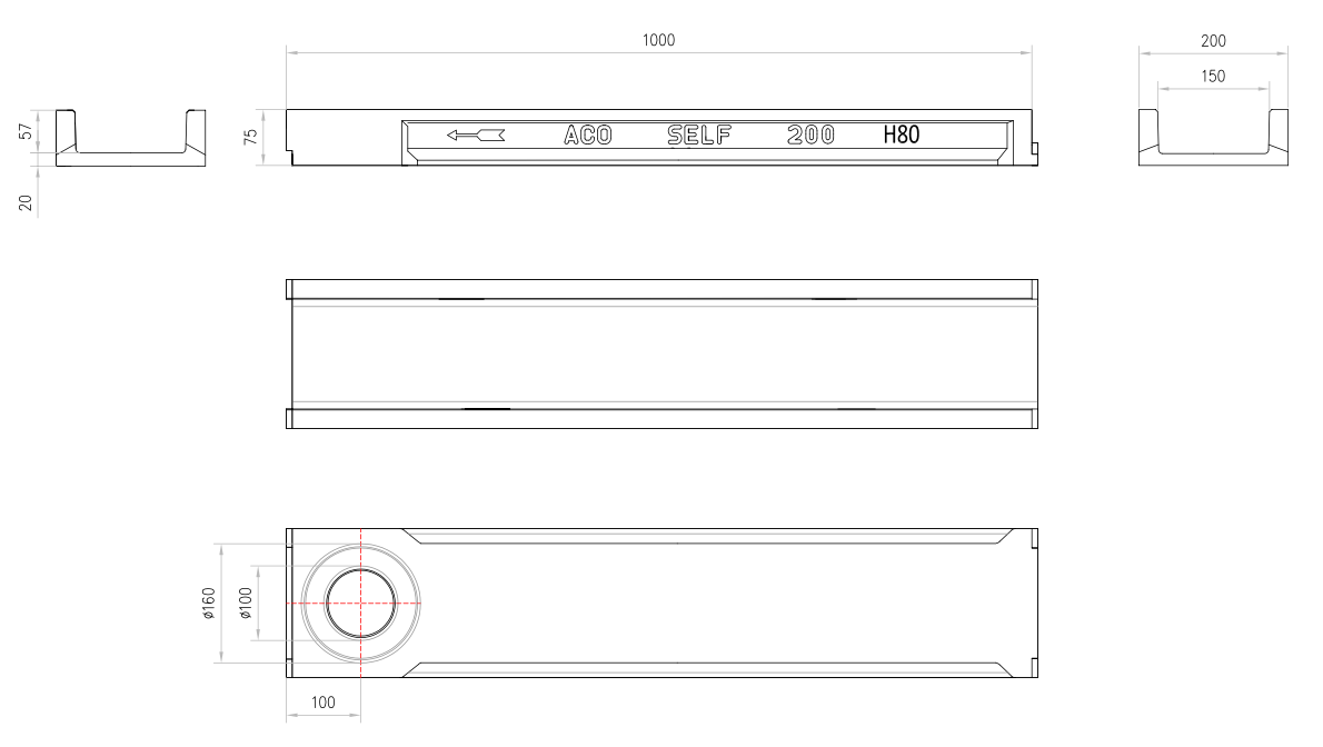 00003598 Esquema técnico del canal SELF 200 L1000 H80 en hormigon polímero con premarca para salida vertical DN/OD 110/160 con sistema de fijación por clavilha sin reja