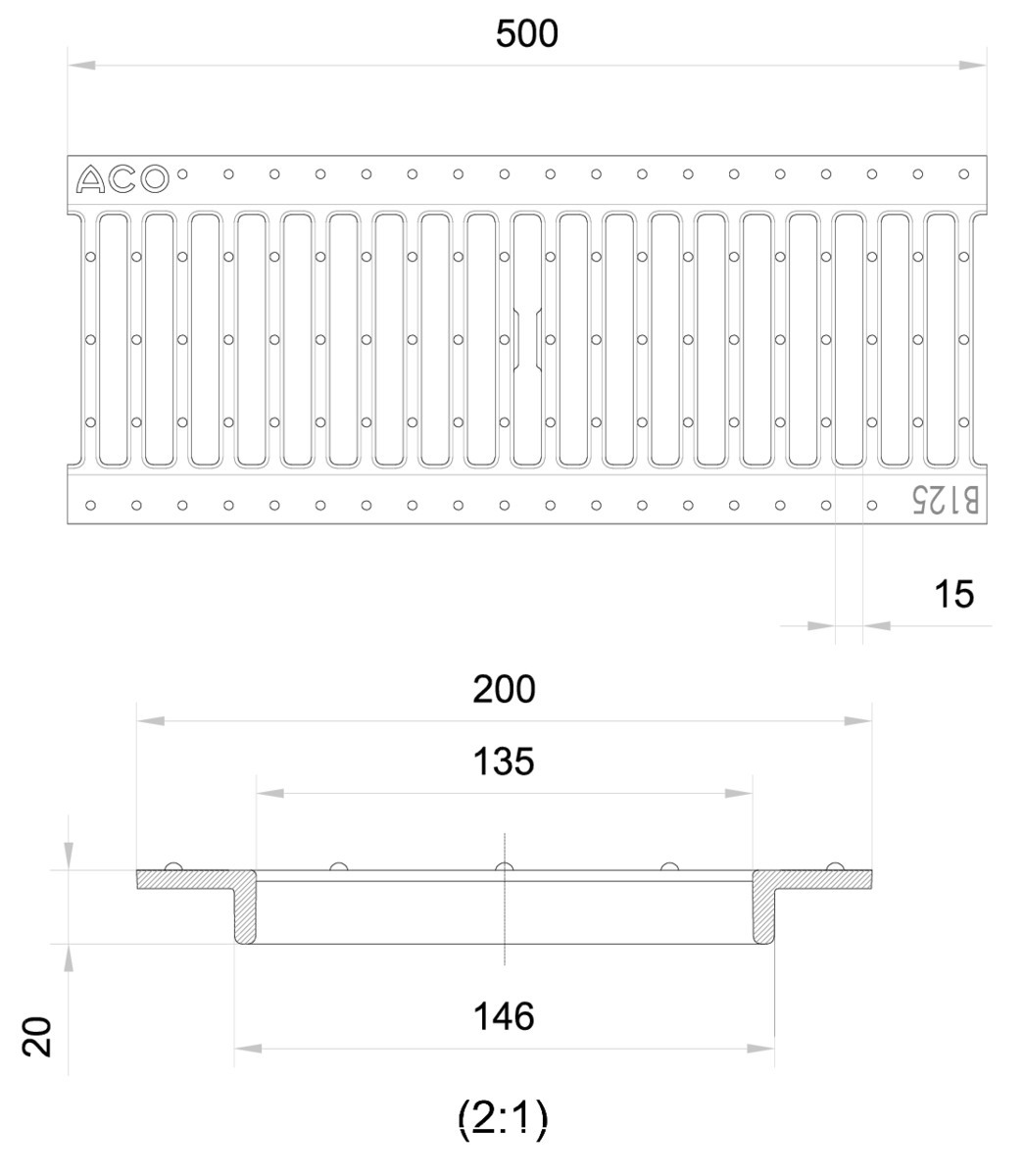 00003611 Esquema técnico de la reja para canal N 150/SELF 200, reja pasarela 135x15 en fundición de dimensiones L500 A200 H20 con sistema de fijación por clavija, clase de carga B125.