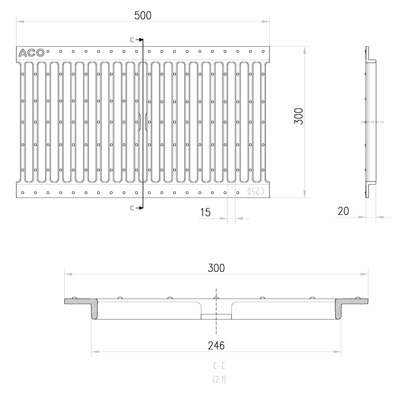 00004235 Esquema técnico da grelha para canal SELF 300, grelha pasarela em fundição da dimensões L500 A300 H25 com sistema de fixação por clavilha, classe de carga C250.
