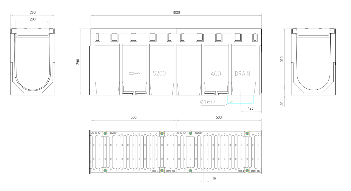 00004273 Esquema técnico do conjunto de canal S200 L1000 H390 em betão polímero com pré-marca para saída vertical DN/OD 160 e grelha passarela em fundição F900 com sistema de fixação por parafusos