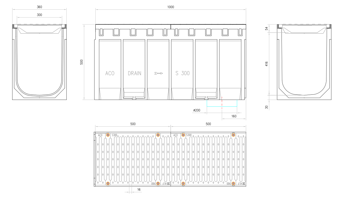 00004323 Esquema técnico do conjunto de canal S300 L1000 H500 em betão polímero com pré-marca para saída vertical DN/OD 200 e grelha passarela em fundição F900 com sistema de fixação por parafusos