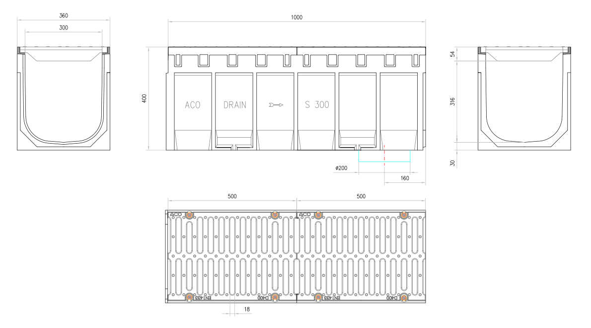 Esquema técnico do conjunto de canal S300 L1000 H400 em betão polímero com pré-marca para saída vertical DN/OD 200 e grelha passarela em fundição D400 com sistema de fixação por parafusos