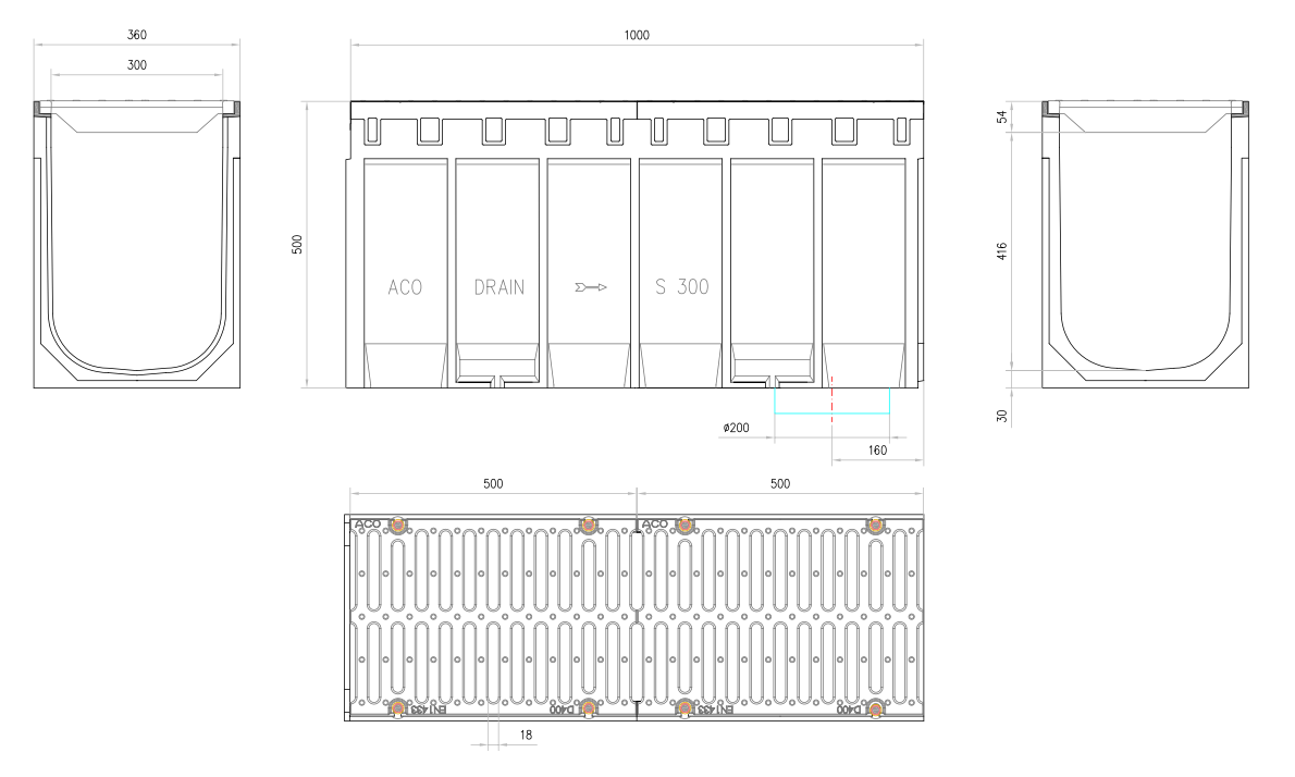 00004823 Esquema técnico del conjunto de canal S300 L1000 H500 en hormigon polímero con premarca para salida vertical DN/OD 200 y reja pasarela en fundición D400 con sistema de fijación por tornillos