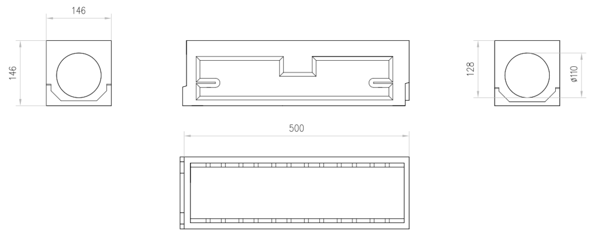 00007192 Esquema técnico del canal registro SLIMLINE L500 H146 en hormigon polímero con premarca para salida vertical DN/OD 110 sin reja