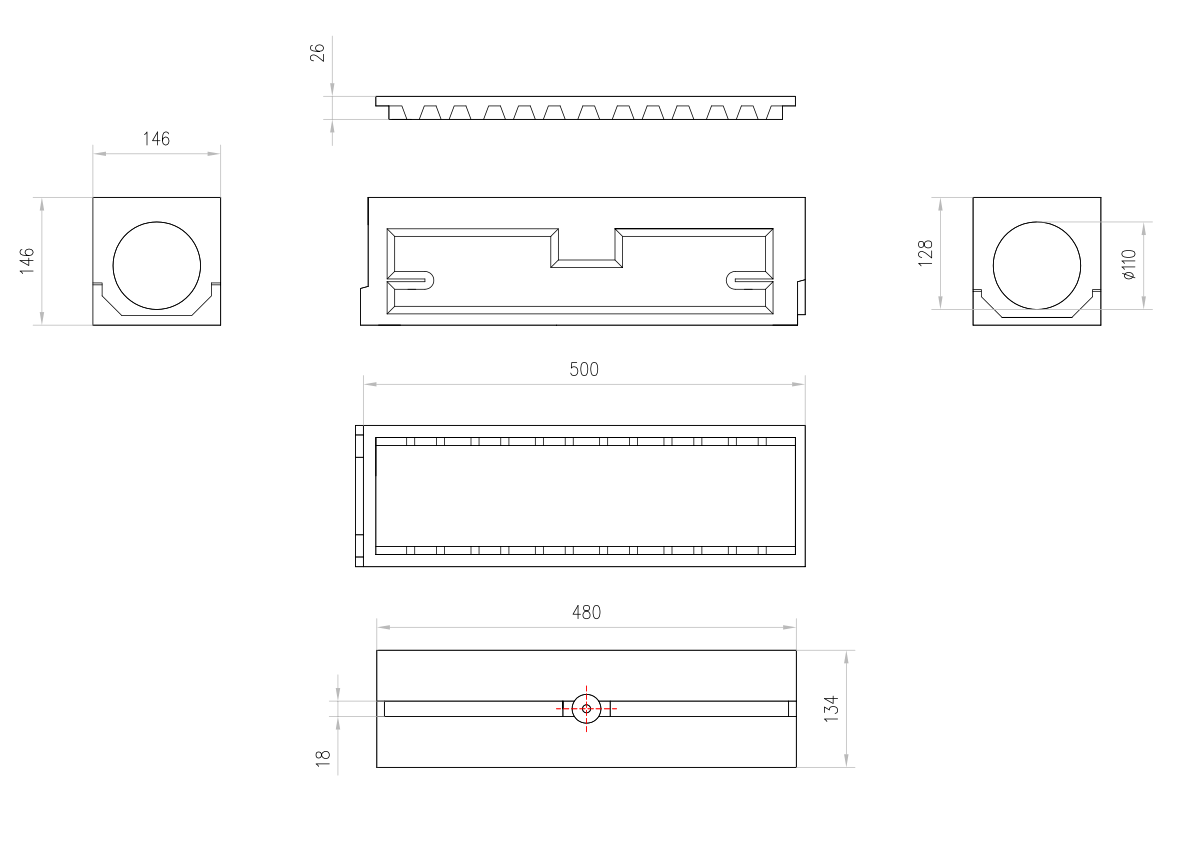 00007194 Esquema técnico del canal registro SLIMLINE L500 H146 en hormigon polímero con premarca para salida vertical DN/OD 110 con reja ranurada integrada B125