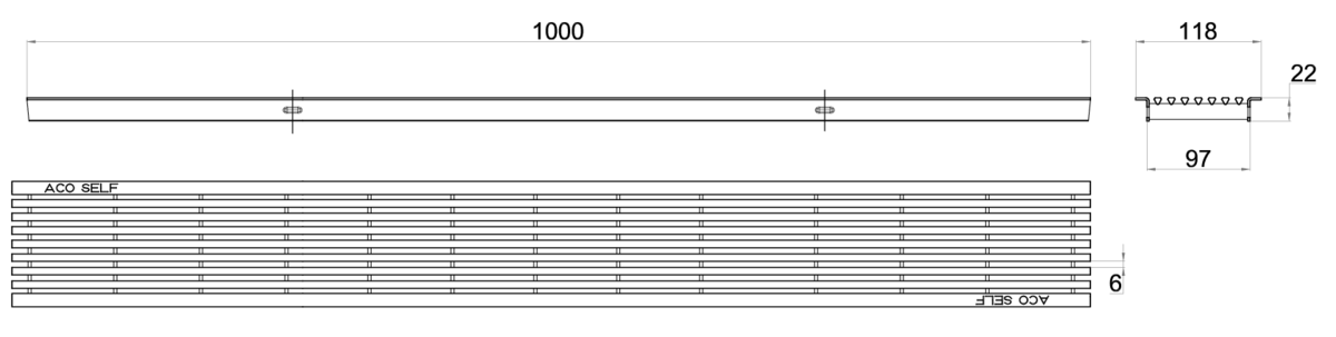 00010323 Esquema técnico da grelha para canal SELF 100, grelha anti-salto com perfil triangular em aço inoxidável AISI304 da dimensões L1000 A118 H22 com sistema de fixação por Springlock, classe de carga A15.