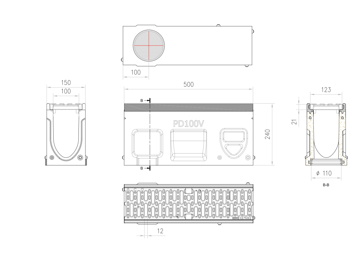 00010835 Esquema técnico del canal registro MONOBLOCK PD100V 0.2 L500 H240 de hormigón polímero con reja pasarela de fundicón D400, sistema de fijación Drainlock, preformas laterales rompibles L-T-X y junta labiolaberíntica