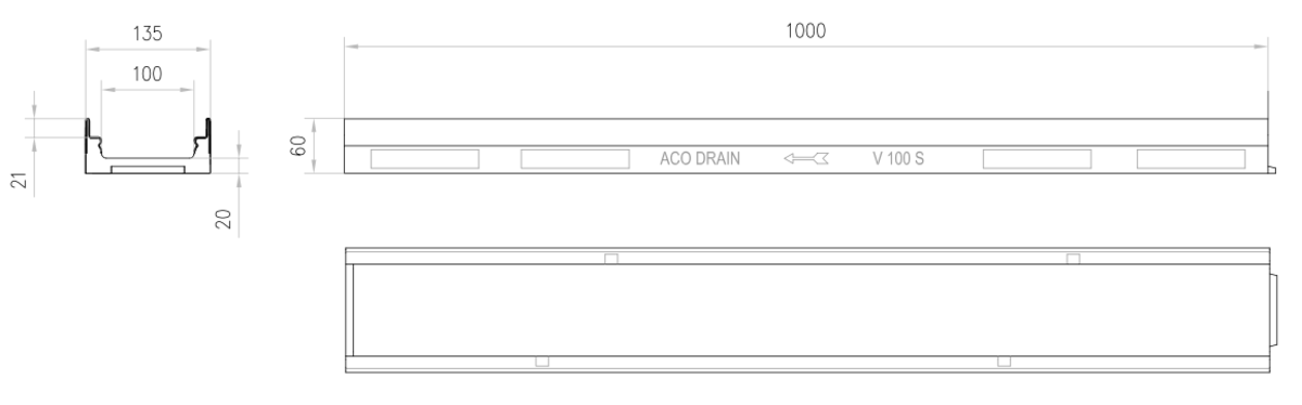 00012327 Esquema técnico do canal MULTILINE V100 BA L1000 H60 em betão polímerico sem grelha, sistema de fixação Drainlock