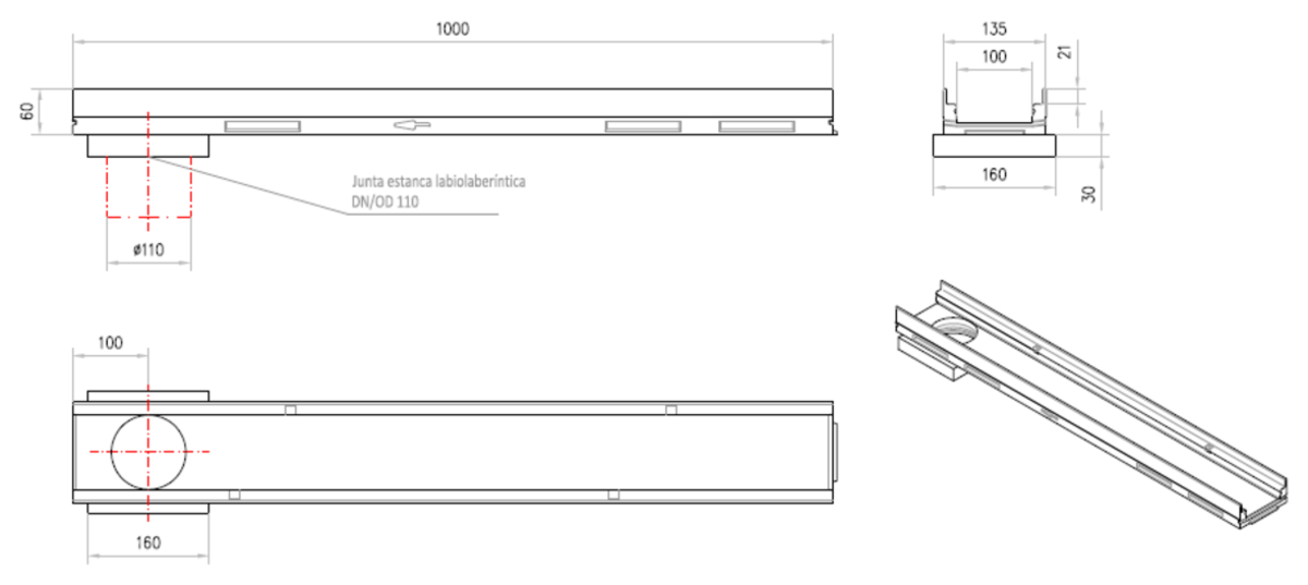 00012328 Esquema técnico do canal MULTILINE V100 20.1 L500 H250 em betão polímerico sem grelha, sistema de fixação Drainlock e com vedação estanca DN/OD 110