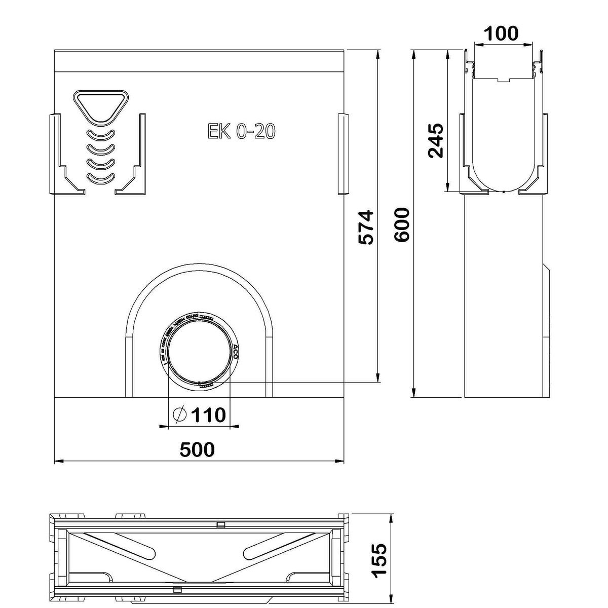 00012392 Esquema técnico do sumidouro completo para o canal MULTILINE V100 L500 H600 em betão polímerico, sem grelha, sistema de fixação Drainlock, pré-formas laterais quebráveis L-T-X e junta labiolaberíntica DN/OD 110, com cesto.