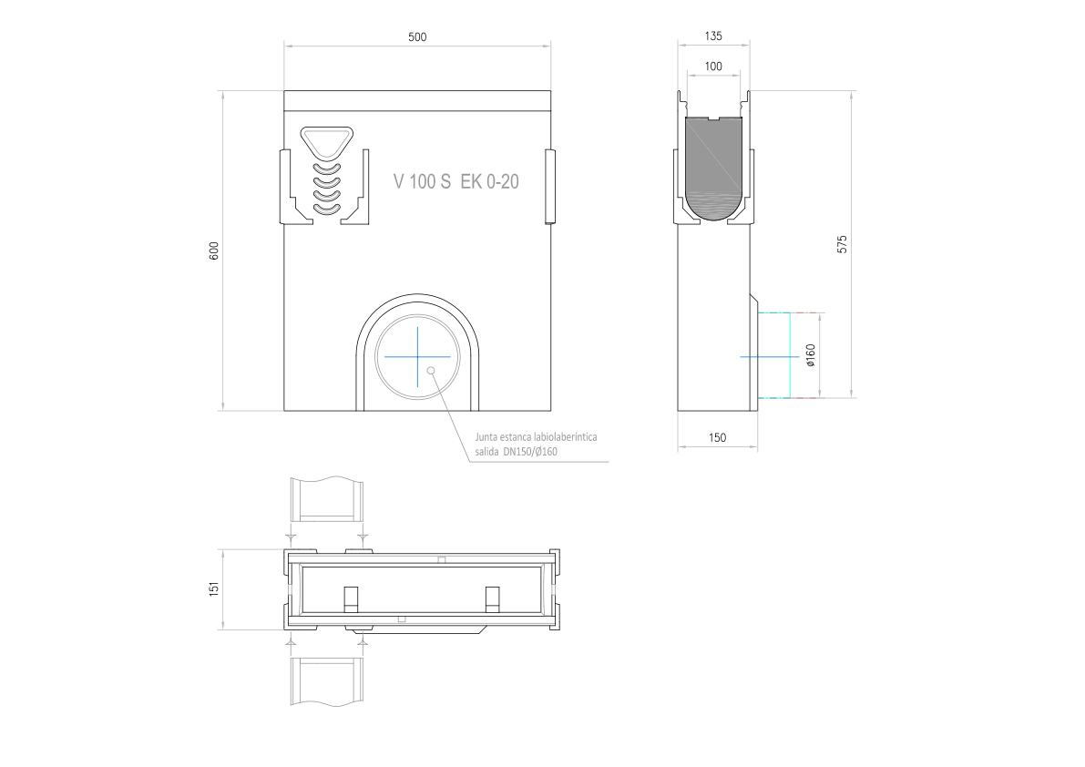 00012399 Esquema técnico do sumidouro completo para o canal MULTILINE V100 L500 H600 em betão polímerico, sem grelha, sistema de fixação Drainlock, pré-formas laterais quebráveis L-T-X e junta labiolaberíntica DN/OD 160, com cesto.