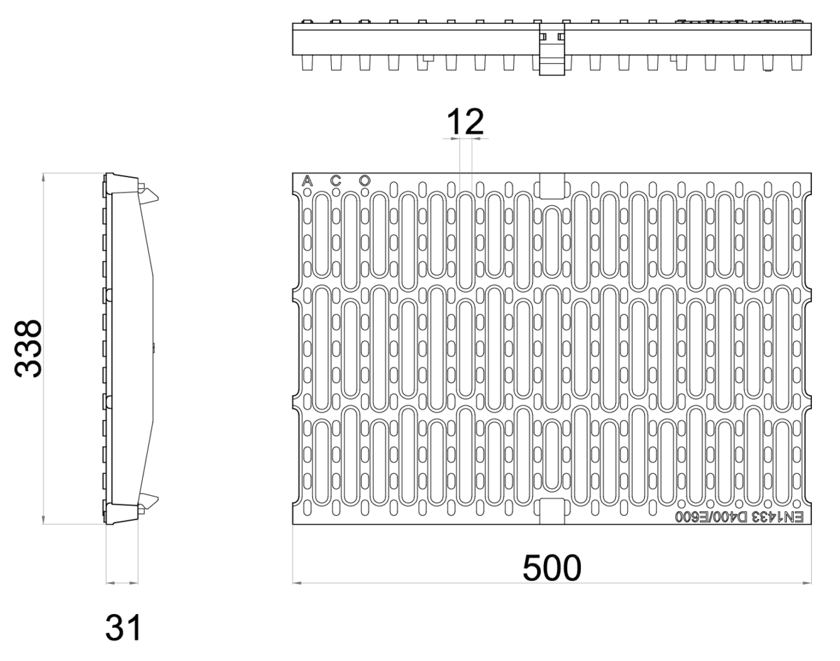 00013871 Esquema técnico da grelha para canal MULTILINE 300, grelha pasarela em fundição da dimensões L500 A338 H31/45 com sistema de fixação Drainlock, classe de carga E600.
