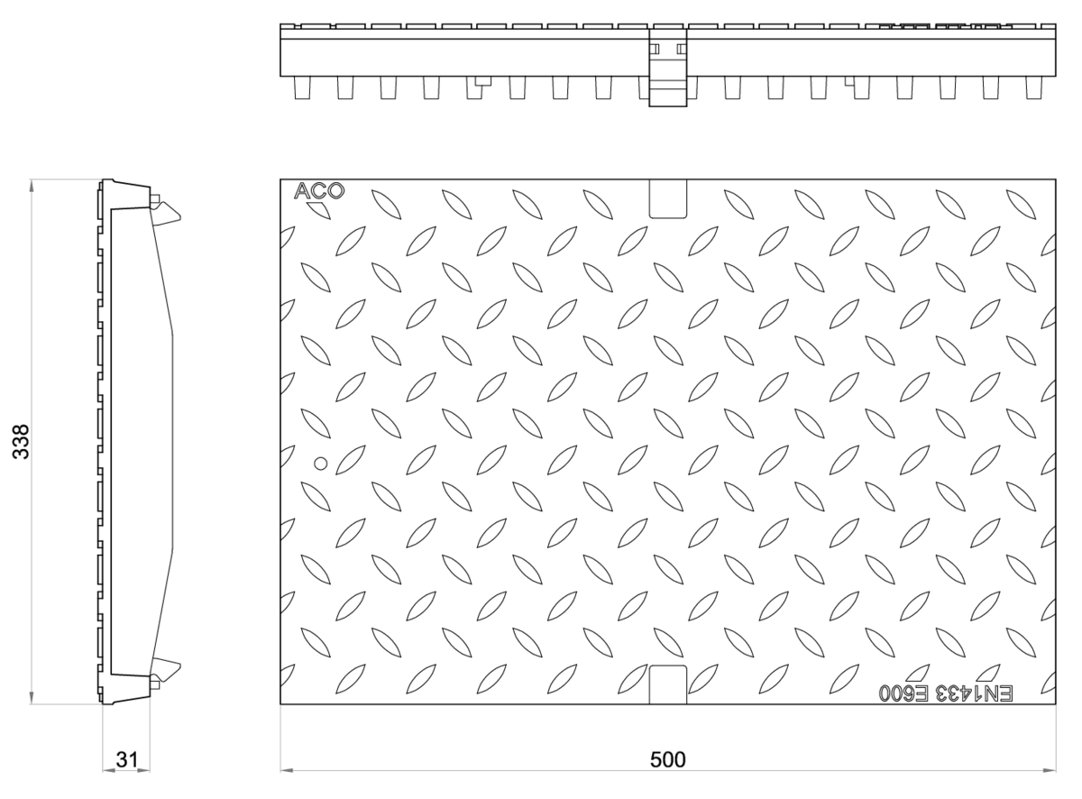00013872 Esquema técnico da grelha para canal MULTILINE 300, grelha cega em fundição da dimensões L500 A338 H31/45 com sistema de fixação Drainlock, classe de carga E600.