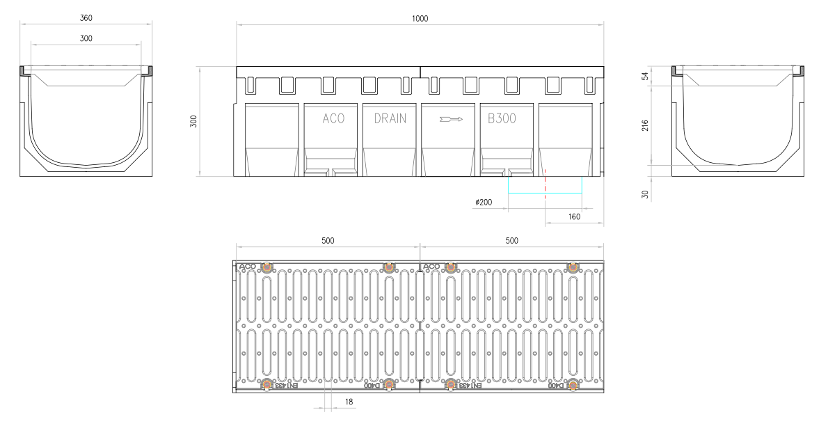 00014049 Esquema técnico do conjunto de canal S300 L1000 H300 em betão polímero com pré-marca para saída vertical DN/OD 200 e grelha passarela em fundição D400 com sistema de fixação por parafusos