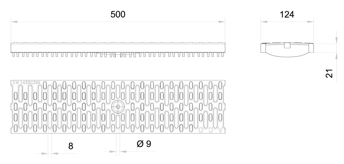 00015704 Esquema técnico da grelha para canal N 100, grelha passarela em composite plástico da dimensões L500 A124 H21 com sistema de fixação com clavilha, classe de carga C250.