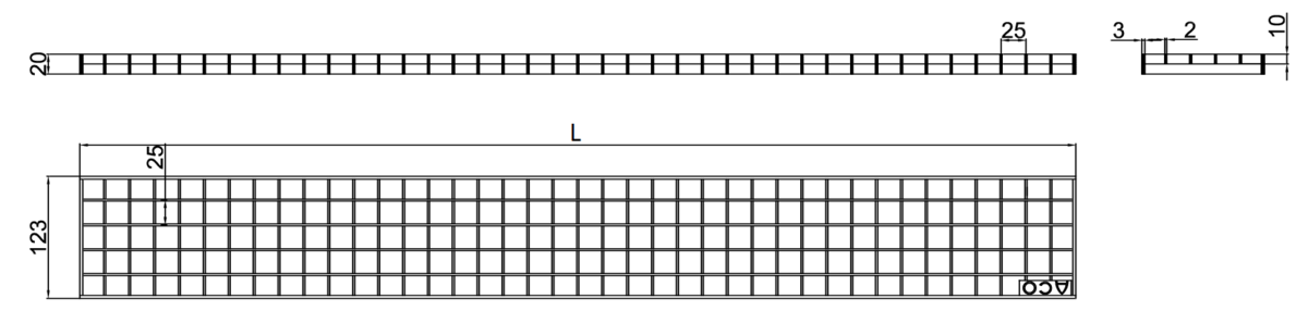 00021620 Esquema técnico da grelha para canal Modular 125, grelha entramada lisa 25X25 20X2 em aço inoxidável AISI304 da dimensões L1000 A125 H20 sem sistema de fixação, classe de carga C250.