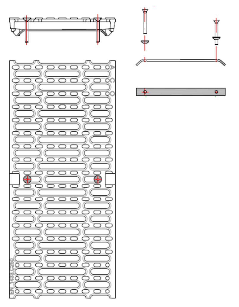 Esquema técnico del kit antirrobo del MULTIDRAIN 200, con sistema de fijación con tornillos para la reja pasarela de fundició.