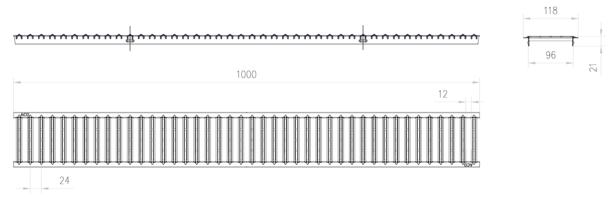 00038516 Esquema técnico de la reja para canal SELF 100, reja pasarela en acero galvanizado de dimensiones L1000 A118 H21 con sistema de fijación por pestaña, clase de carga A15.