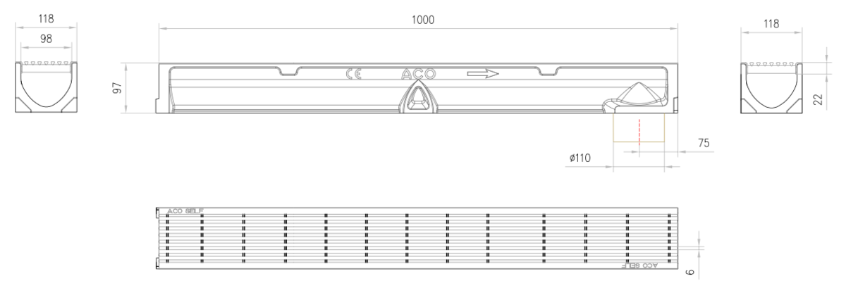 00038710 Esquema técnico del conjunto de canal SELF 100 L1000 H95 en hormigon polímero con premarca para salida vertical DN/OD 110 y reja antitacón en acero inoxidable A15 con sistema de fijación por clip