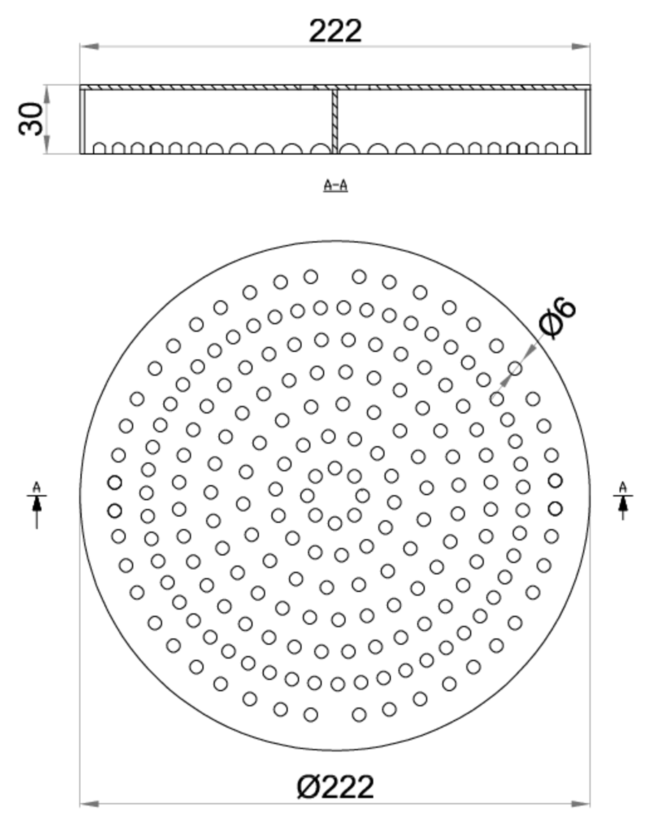 00097153 Esquema técnico da grelha para sumidouro EG, grelha perfurada em aço inoxidável AISI304 da dimensões Ø222 H25 sem sistema de fixação, classe de carga L15.