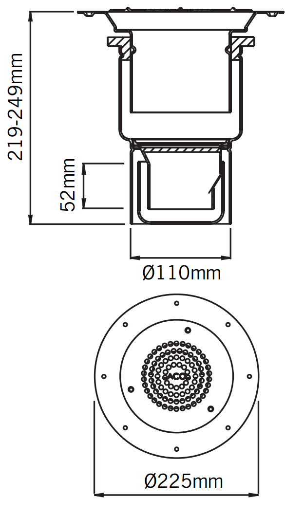 00097207 Esquema técnico do sumidouro EG150 TELESCOPICO, fabricado em aço inoxidável AISI304, de dimensões Ø225 H249 com aro para fixação mecânica de tela, saída vertical DN100, com sifão, com grelha perfurada com fixação classe de carga K3.