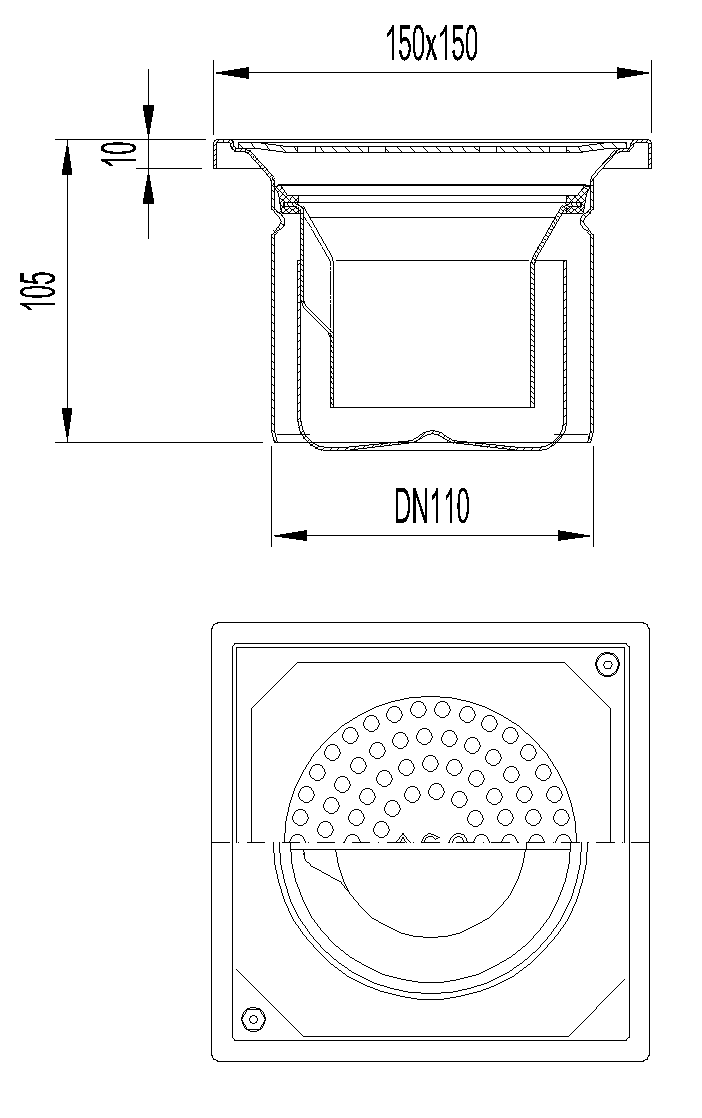 Esquema técnico do sumidouro EG150 FIXO, fabricado em aço inoxidável AISI304, de dimensões L150 A150 H105, saída vertical DN110, com sifão, com grelha perfurada com fixação classe de carga K3.