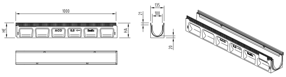 00132330 Esquema técnico do canal MULTILINE SEAL IN V100 0.0 L1000 H150 em betão polímerico sem grelha, sistema de fixação Drainlock