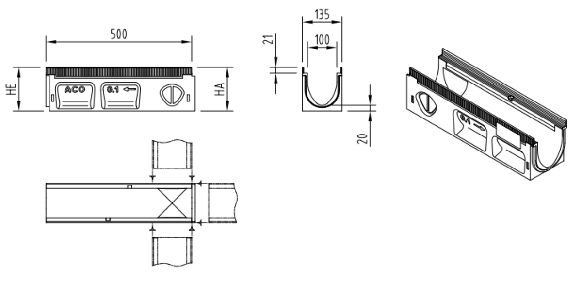 00132332 Esquema técnico do canal MULTILINE SEAL IN V100 0.1 L500 H150 em betão polímerico sem grelha, sistema de fixação Drainlock e pré-formas laterais quebráveis L-T-X