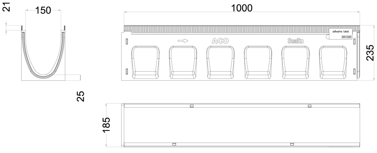 00133340 Esquema técnico do canal MULTILINE SEAL IN V150 5.0 L1000 H235 em betão polímerico sem grelha, sistema de fixação Drainlock