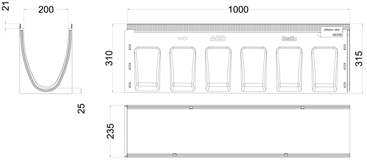 00133510 Esquema técnico del canal MULTILINE SEAL IN V200 10 L1000 con pendiente H310-315 de hormigón polímero sin reja, sistema de fijación Drainlock
