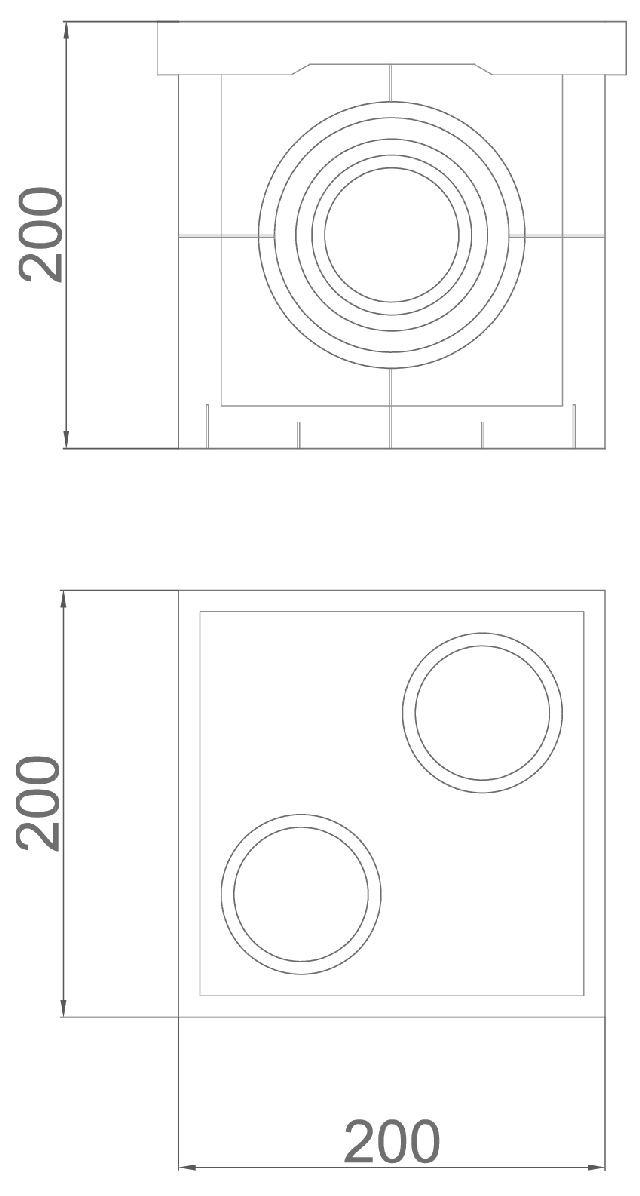 00150100 Esquema técnico de la arqueta K-BOX de dimensiones 200x200x200mm.