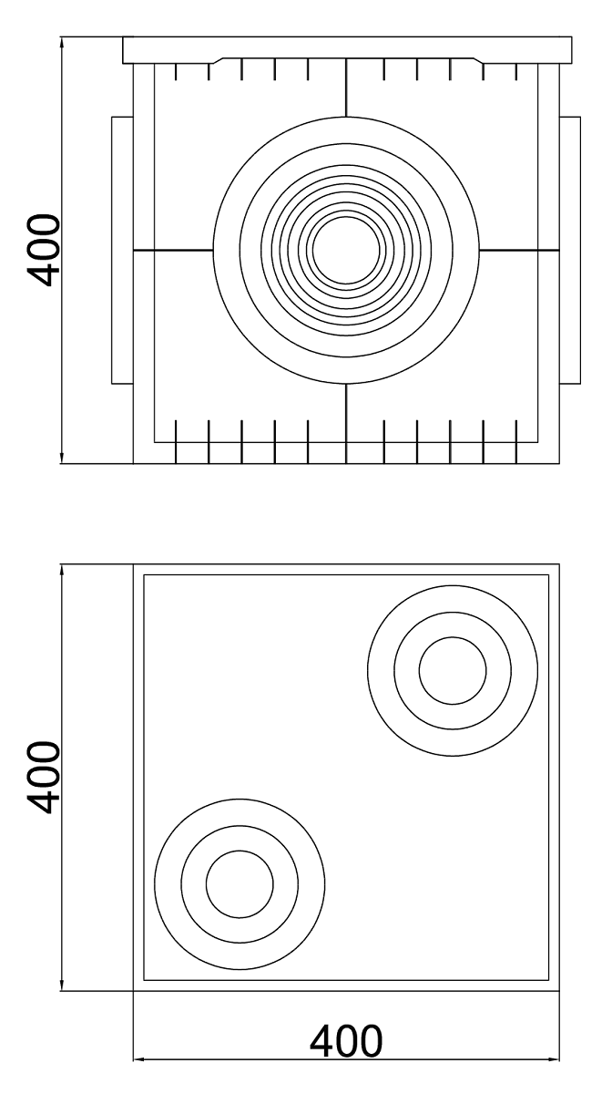 00150102 Esquema técnico de la arqueta K-BOX de dimensiones 400x400x400mm.