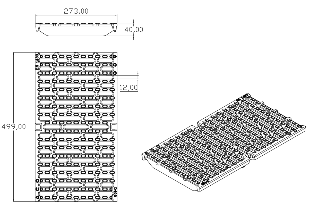 00150156 Render da grelha para canal MULTIDRAIN 250, grelha passarela em fundição da dimensões L500 A273 H21/40 com sistema de fixação Drainlock, classe de carga D400.