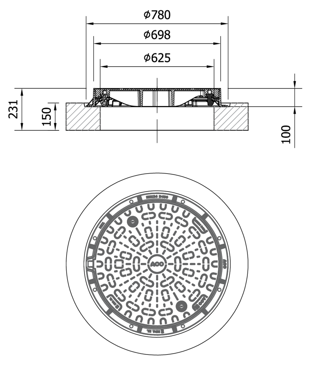00150200 Esquema técnico da tampa fixa para separador de hidrocarbonetos. Inclui 1 tampa de fundição Ø600 B125 e aro em betão de dimensões Ø1000 H231.