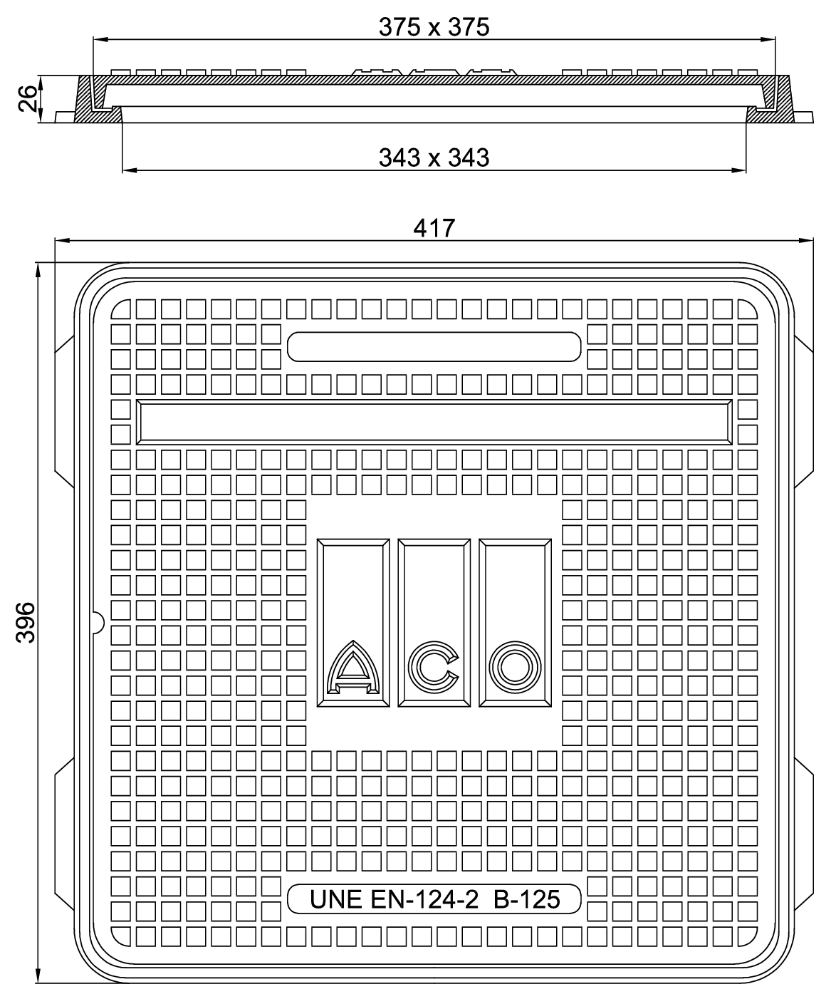 00150462 Esquema técnico de la tapa I-BASIC 400LB cuadrada de medidas exteriores 400x400mm, clase de carga B125.