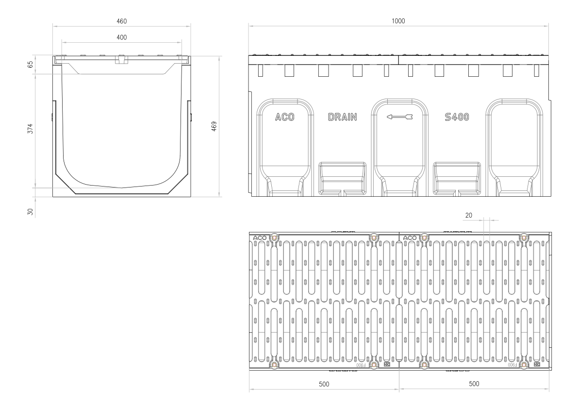 00301858 Esquema técnico del conjunto de canal S400 L1000 H469 en hormigon polímero y reja pasarela en fundición F900 con sistema de fijación por tornillos