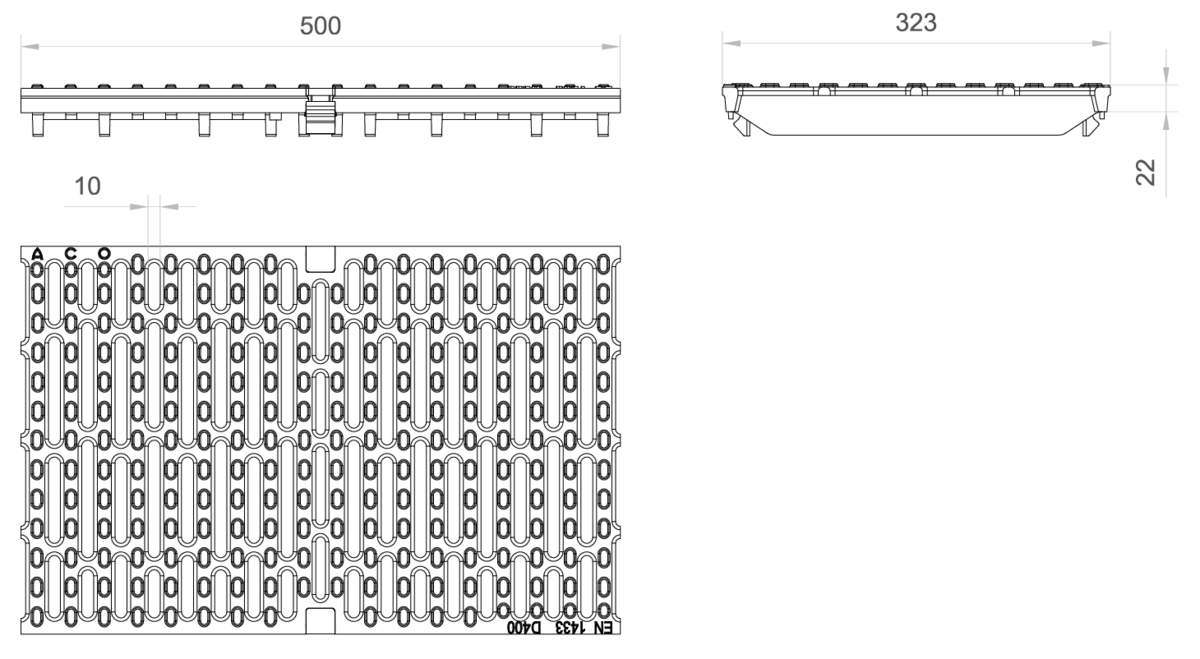 00303217 Esquema técnico de la reja para canal MULTIDRAIN 300, reja pasarela en fundición de dimensiones L500 A323 H22/42 con sistema de fijación Drainlock, clase de carga D400.