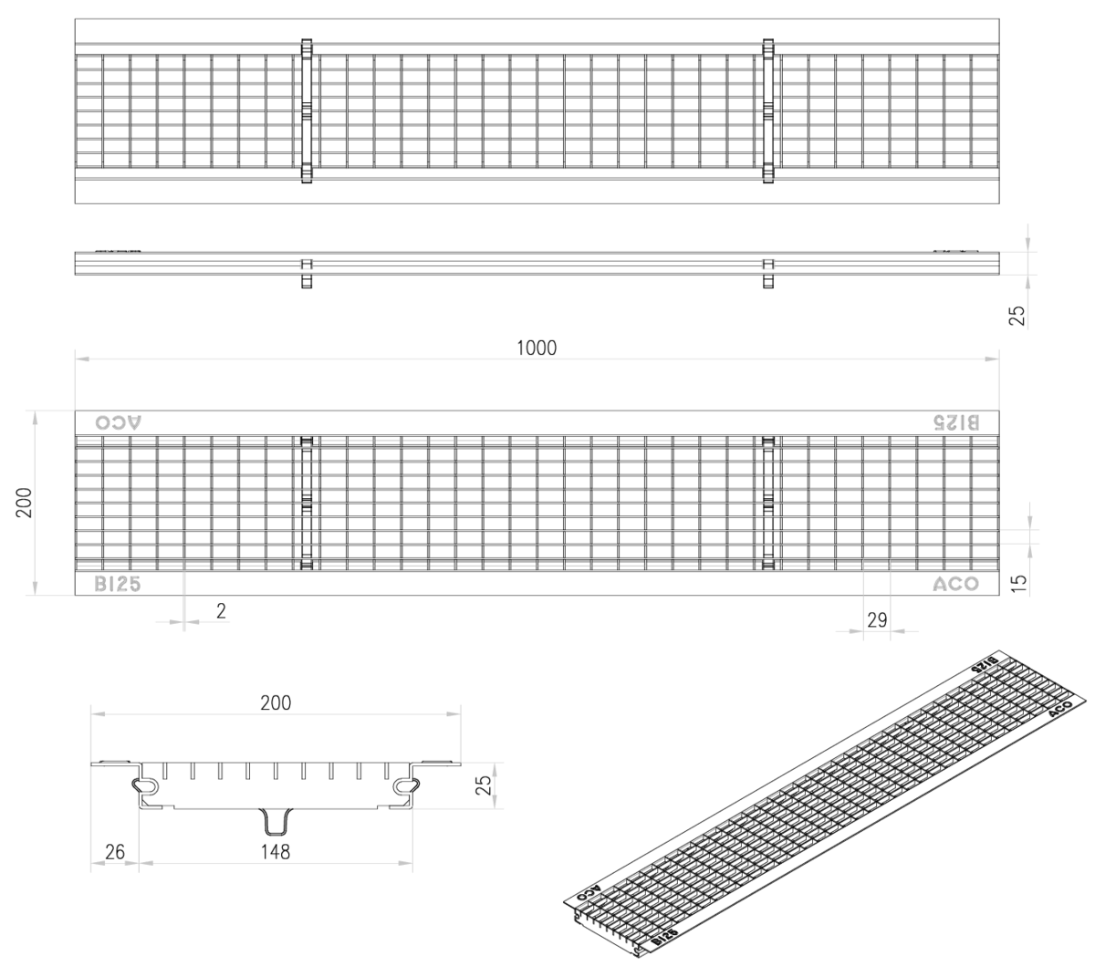 00303610 Esquema técnico da grelha para canal N 150/SELF 200, grelha entramada 30x15 em aço galvanizado da dimensões L1000 A200 H25 com sistema de fixação Springlock, classe de carga B125.