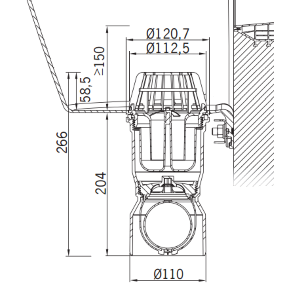 Esquema técnico del sumidero para tragaluz THERM, fabricado en polipropileno color blanco, de dimensiones Ø121 H266 con salida vertical DN110, sifón y válvula antirretorno.