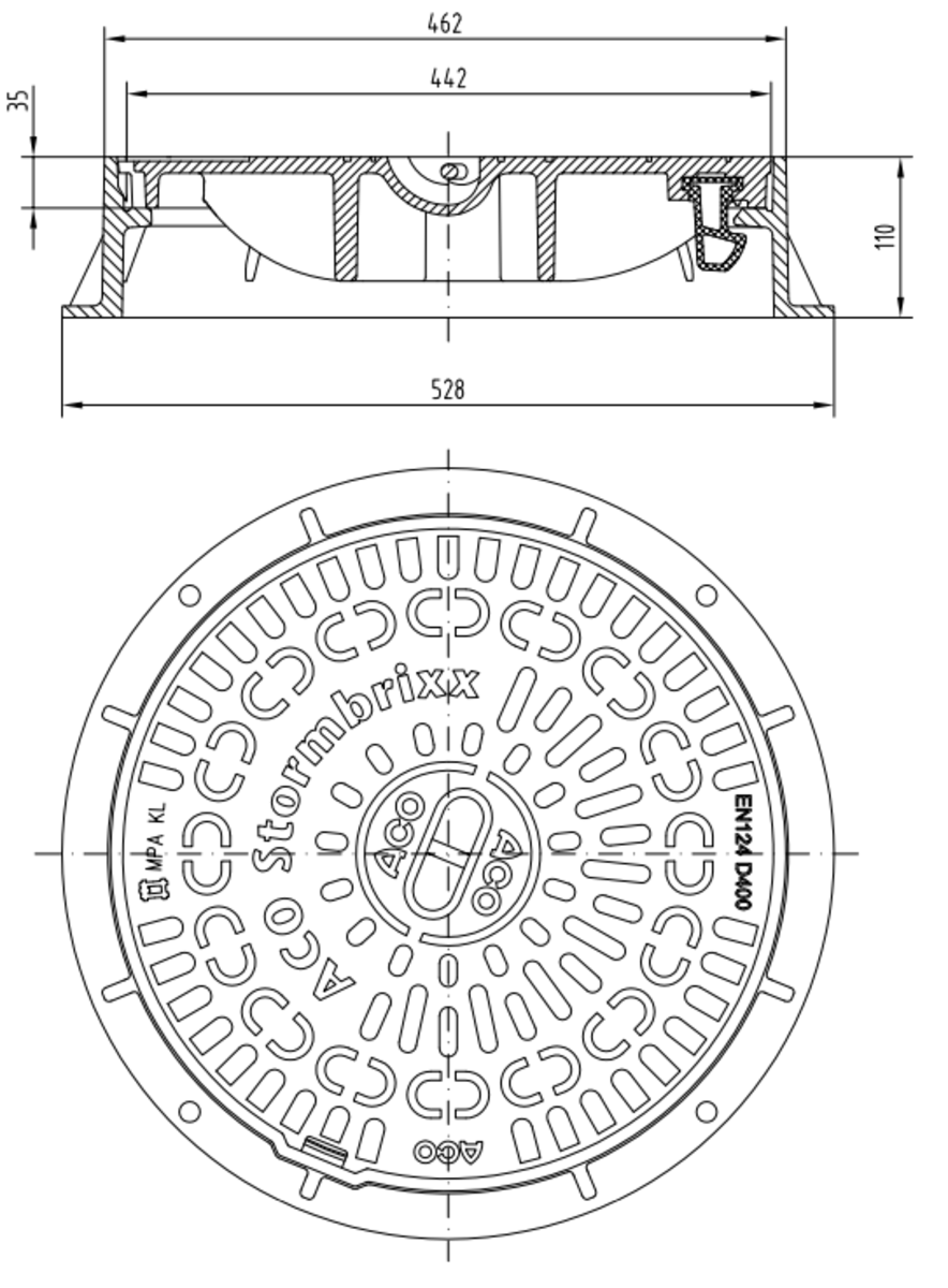 Esquema técnico da tampa para o tanque STORMBRIXX realizado em fundição, de dimensiones Ø528 e 110mm de altura, classe de carga D400.