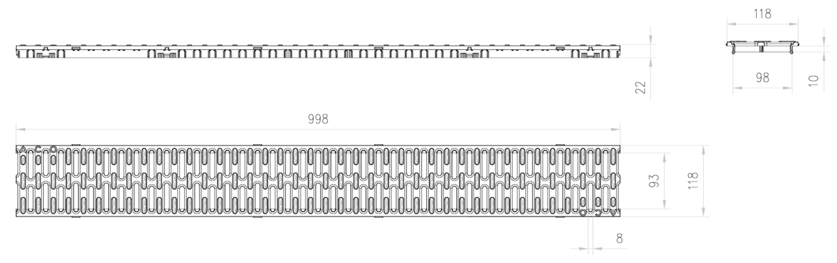 00319250 Esquema técnico de la reja para canal HEXALINE 100, reja pasarela con microgrip en polipropileno (PP) de dimensiones L998 A118 H22 con sistema de fijación por clip, clase de carga A15.