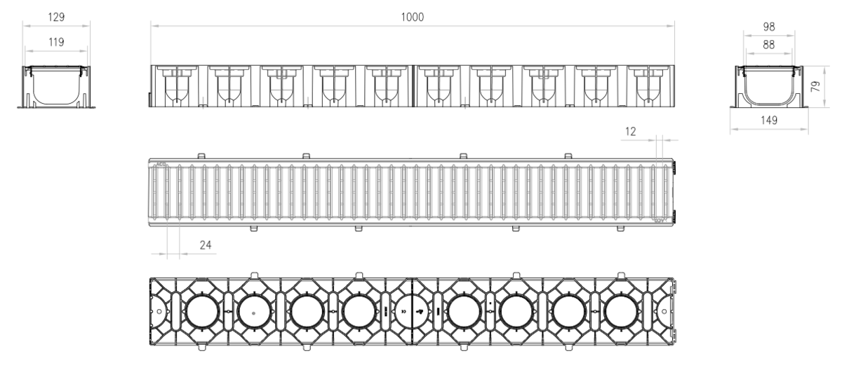 00319313 Esquema técnico del canal HEXALINE 2.0 H79 en polipropileno con reja pasarela de acero galvanizado A15 color negro