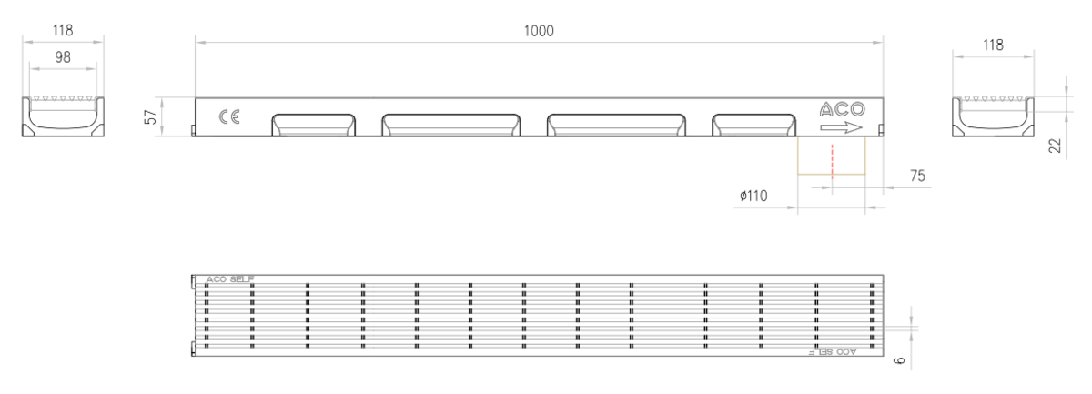 00330003 Esquema técnico del conjunto de canal SELF 100 L1000 H55 en hormigon polímero con premarca para salida vertical DN/OD 110 y reja antitacón en acero inoxidable A15 con sistema de fijación por clip