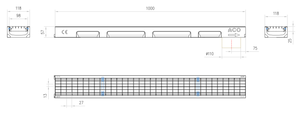 00330005 Esquema técnico del conjunto de canal SELF 100 L1000 H55 en hormigon polímero con premarca para salida vertical DN/OD 110 y reja entramada 27x13 en acero galvanizado A15 con sistema de fijación por clip